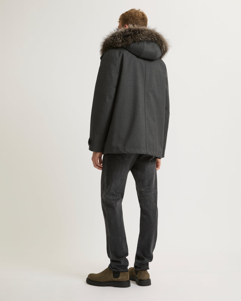 Short parka in technical wool and fur