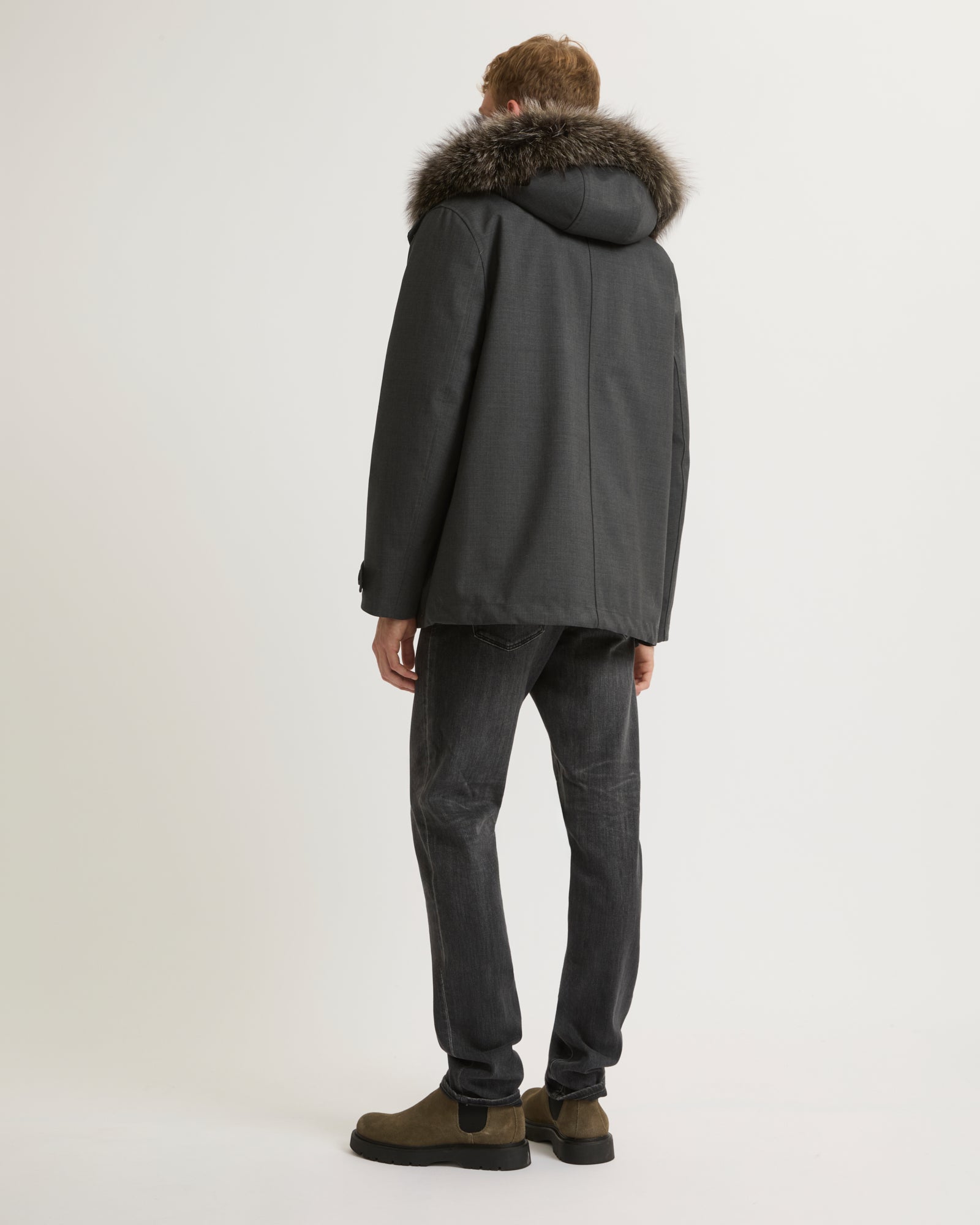 Short parka in technical wool & fur - grey - Yves Salomon Short parka in technical wool & fur - grey - Yves Salomon
