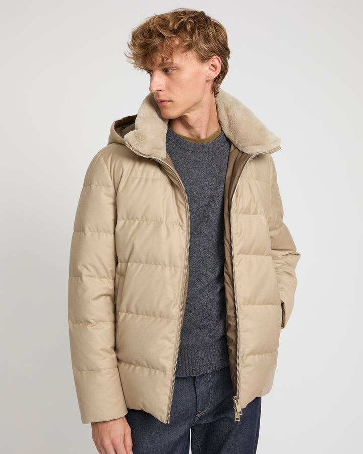 Short down jacket in Loro Piana fabric with mink trim