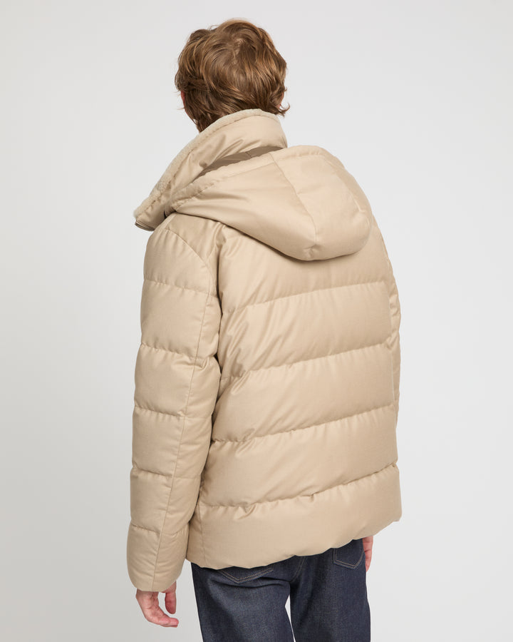 Short down jacket in Loro Piana fabric with mink trim