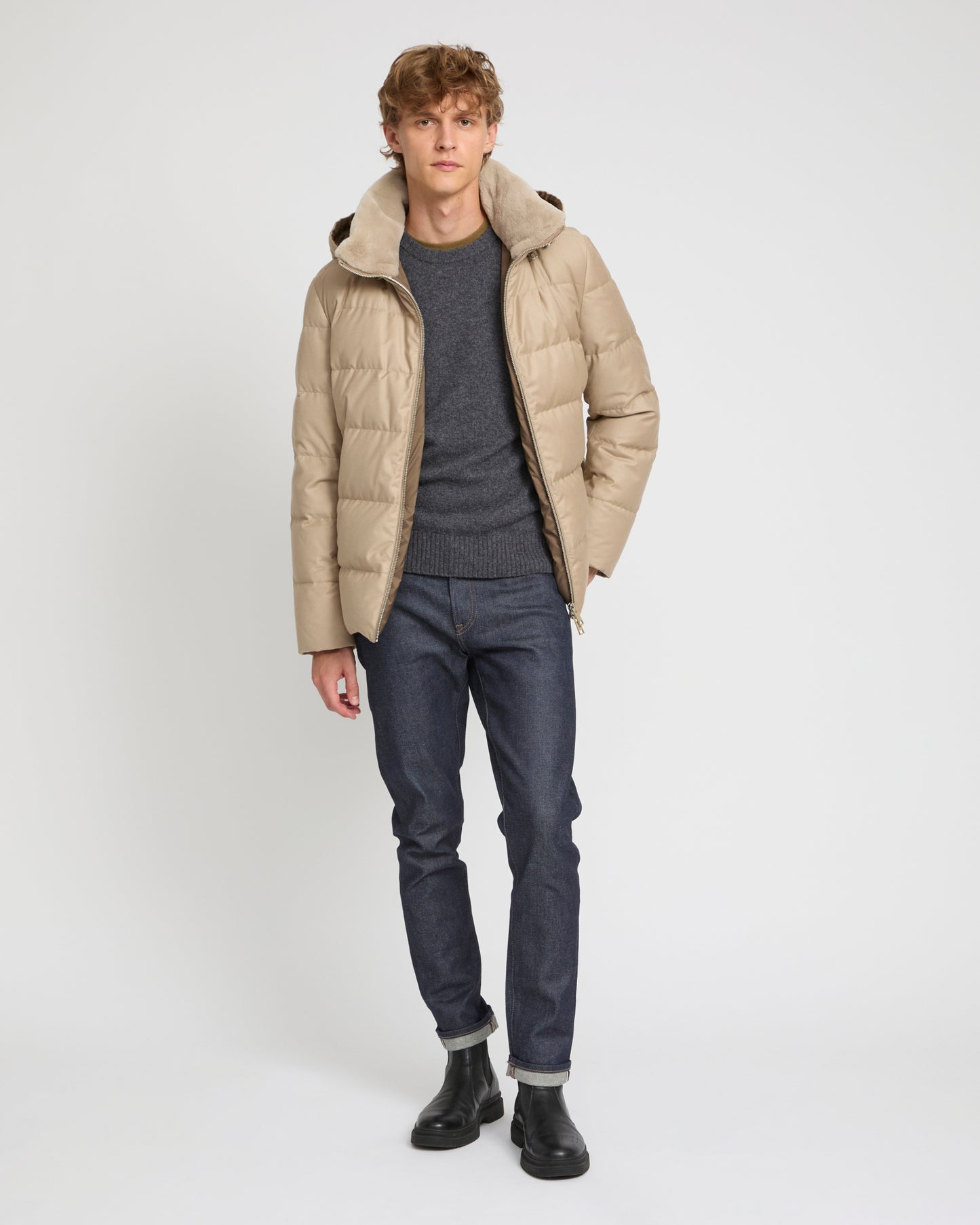 Short down jacket in Loro Piana fabric with mink trim