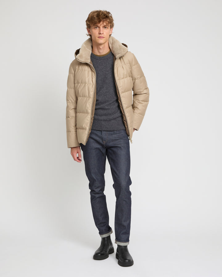 Short down jacket in Loro Piana fabric with mink trim