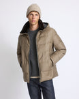 Short down jacket in wool-silk fabric with mink fur trim