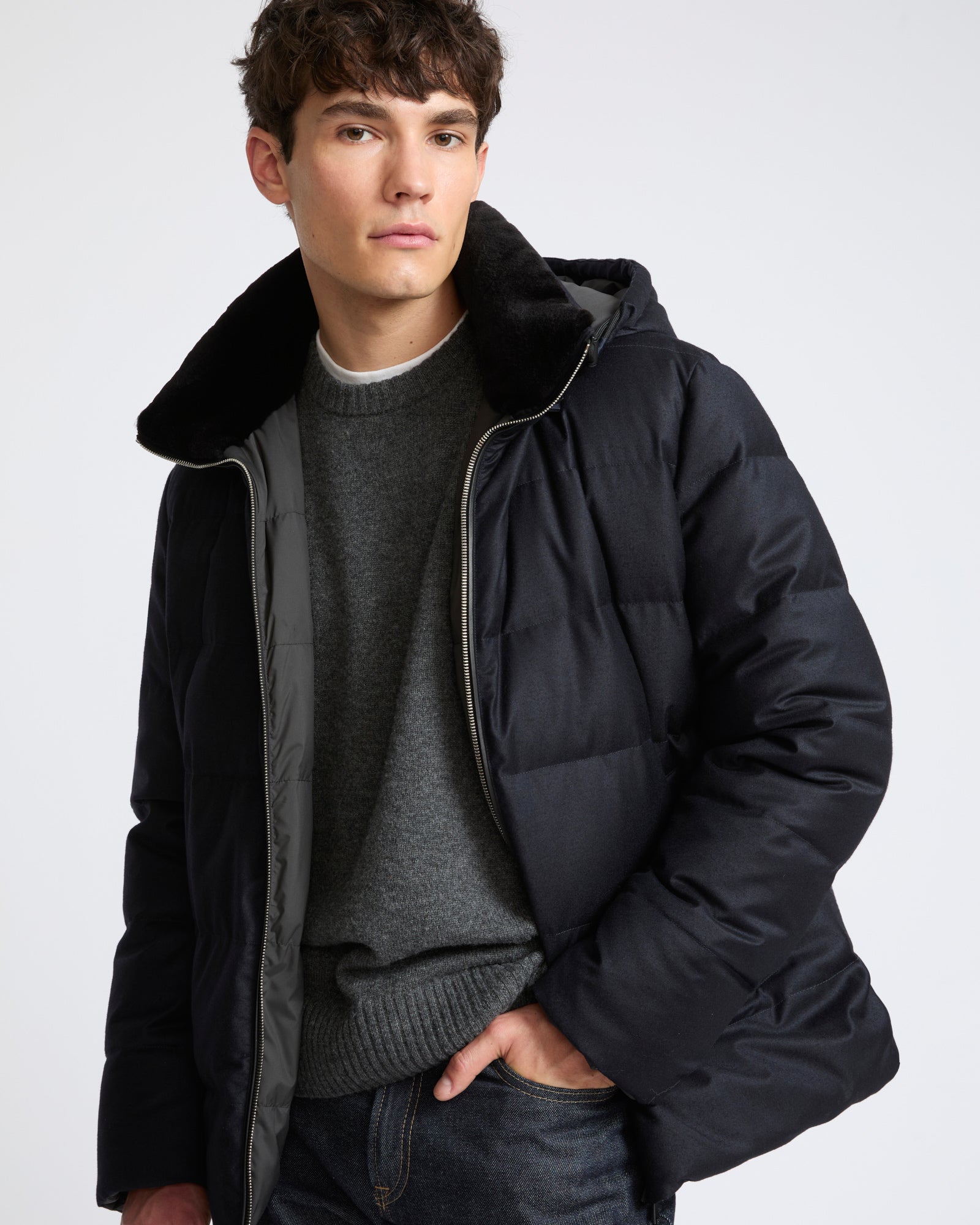 Short down jacket in Loro Piana fabric with mink fur trim - Yves Salomon - New Fall Winter Collection