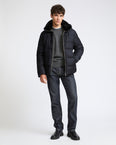Short down jacket in wool-silk fabric with mink fur trim