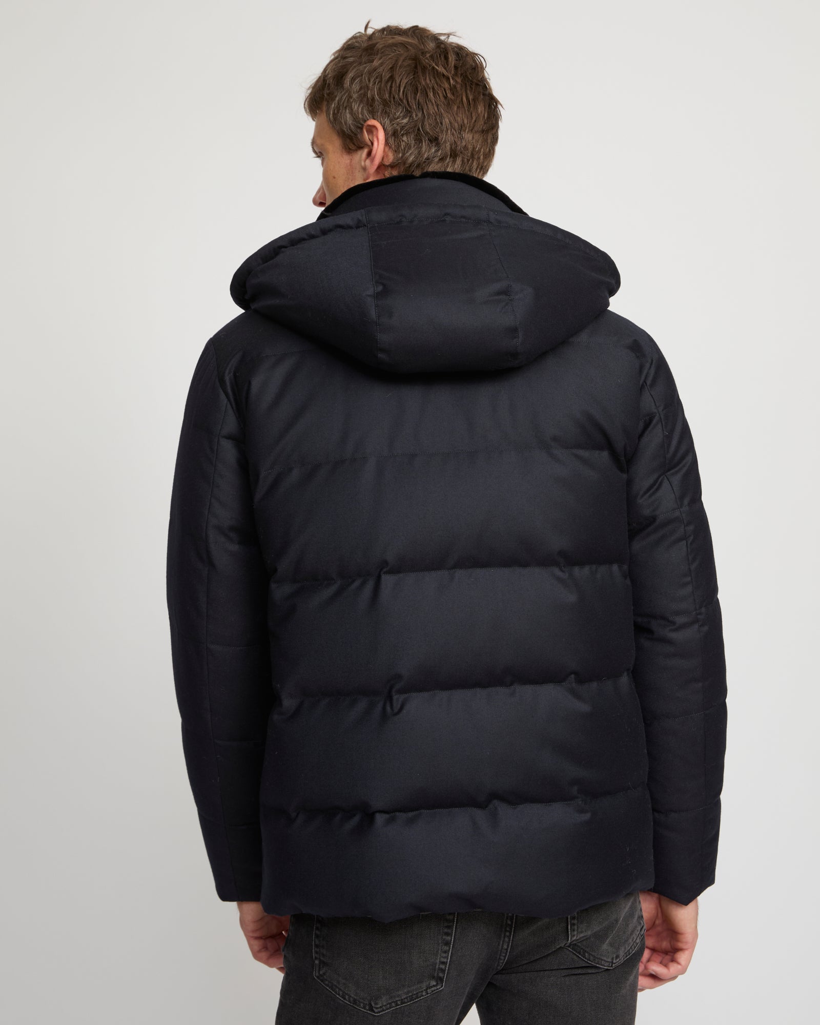 Down jacket in wool silk fabric with mink trim - navy - Yves