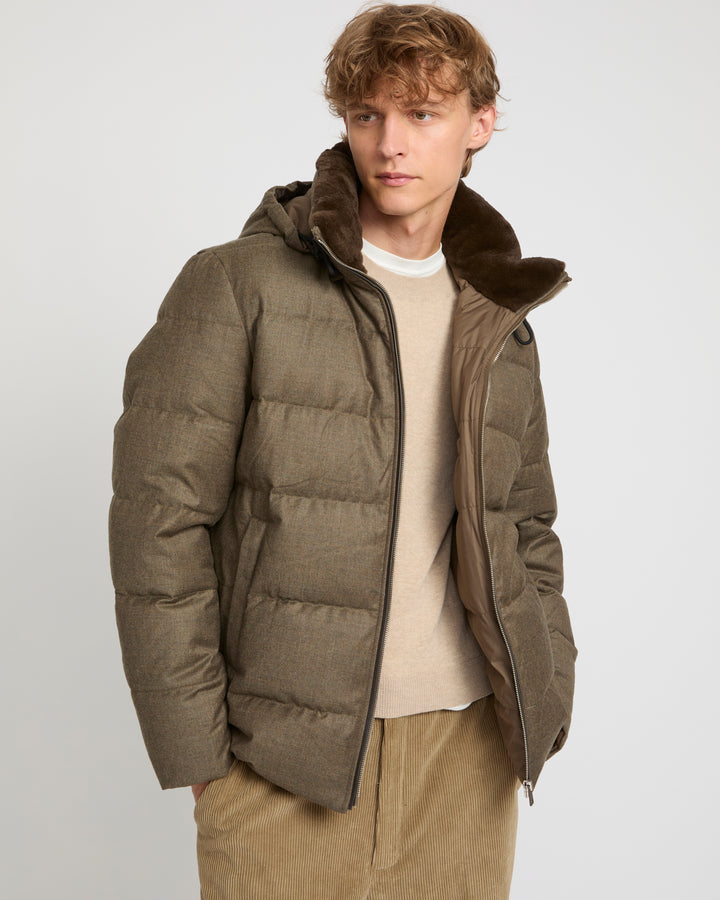 Short down jacket in Loro Piana fabric with mink trim