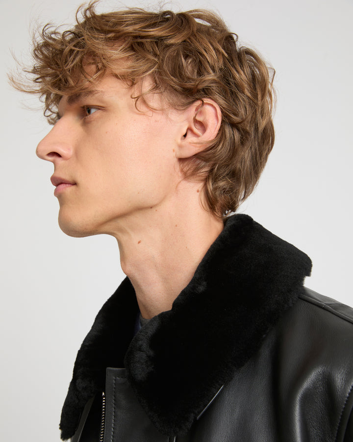 Leather aviator jacket with Merino lambskin shearling collar