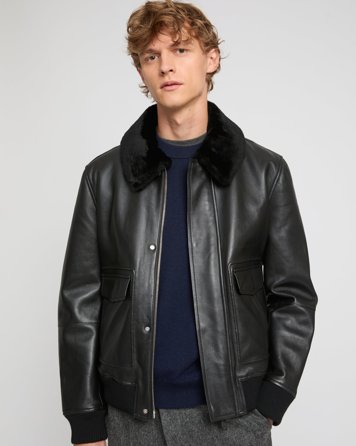 Leather aviator jacket with Merino lambskin shearling collar
