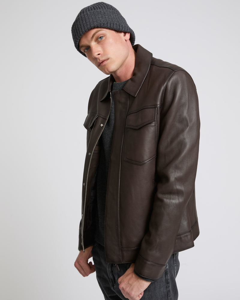 Denim jacket style leather jacket - brown - Yves Salomon