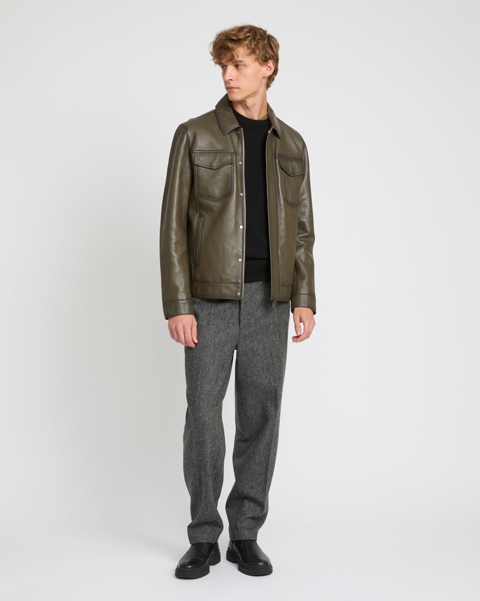 Denim jacket style leather jacket - khaki - Yves Salomon – Yves