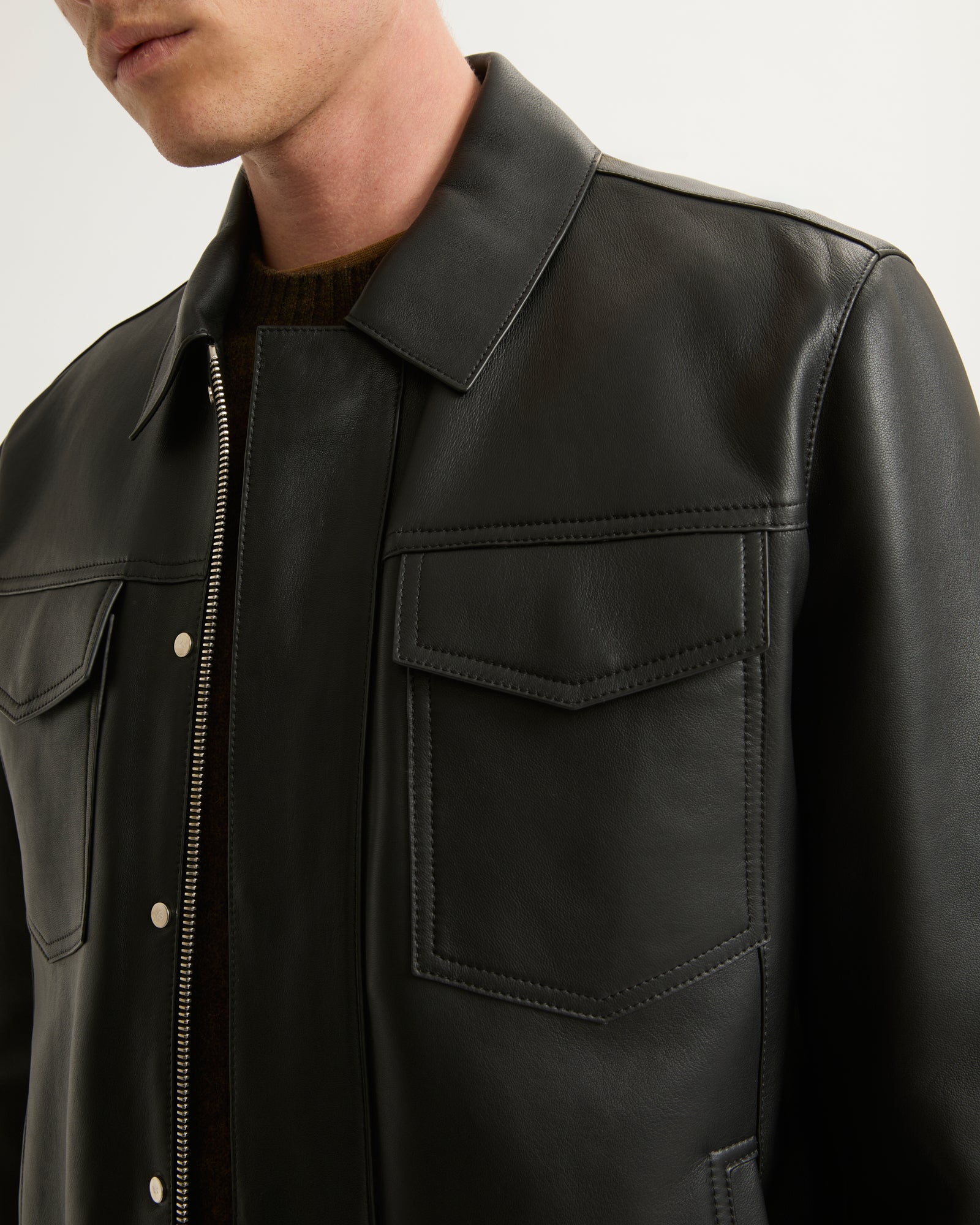 Denim jacket style leather jacket - black - Yves Salomon Men