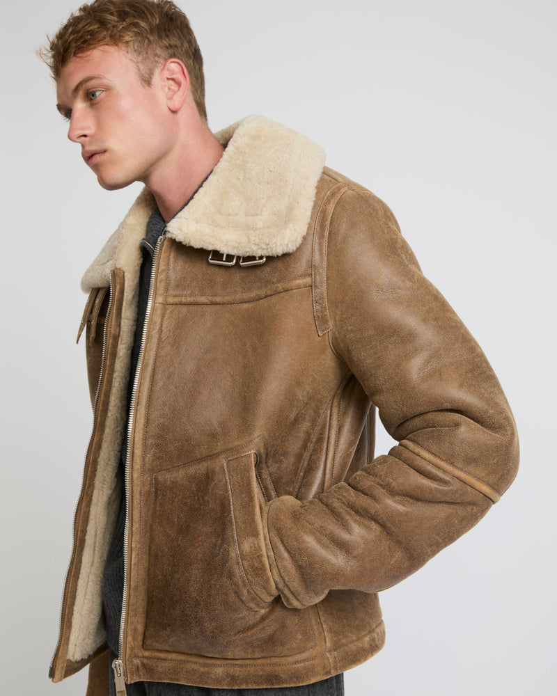 Bomber jacket in merino shearling - brown/white - Yves Salomon