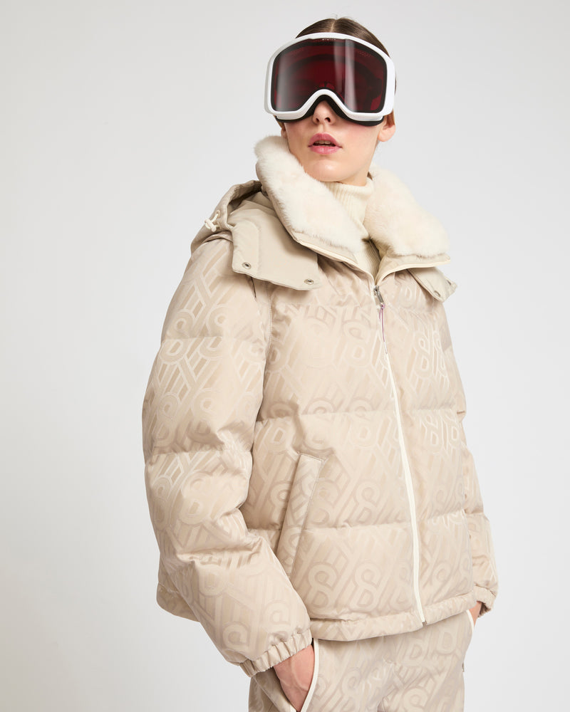 Short skiwear down jacket with mink trim - khaki monogram - Yves Salomon