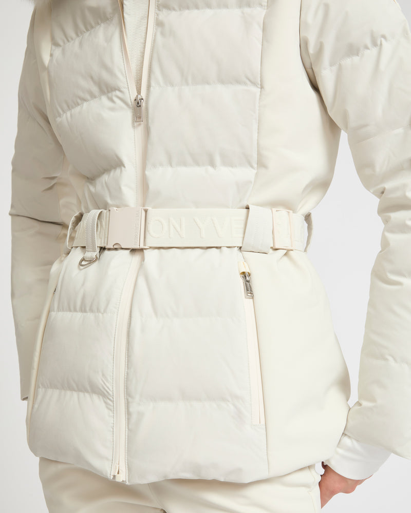 Mixed fabric belted ski jacket with fox fur trim - White - YS Mountain women