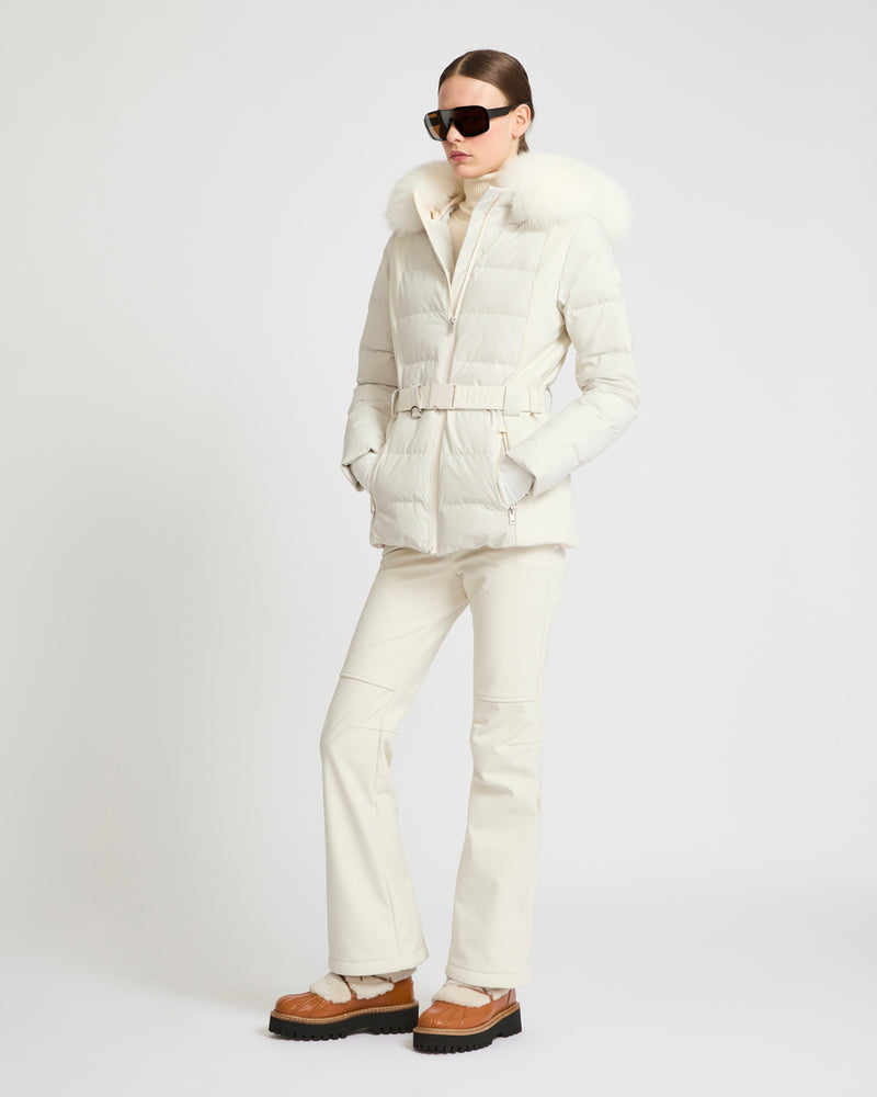 Mixed fabric belted ski jacket with fox fur trim - White - YS Mountain women