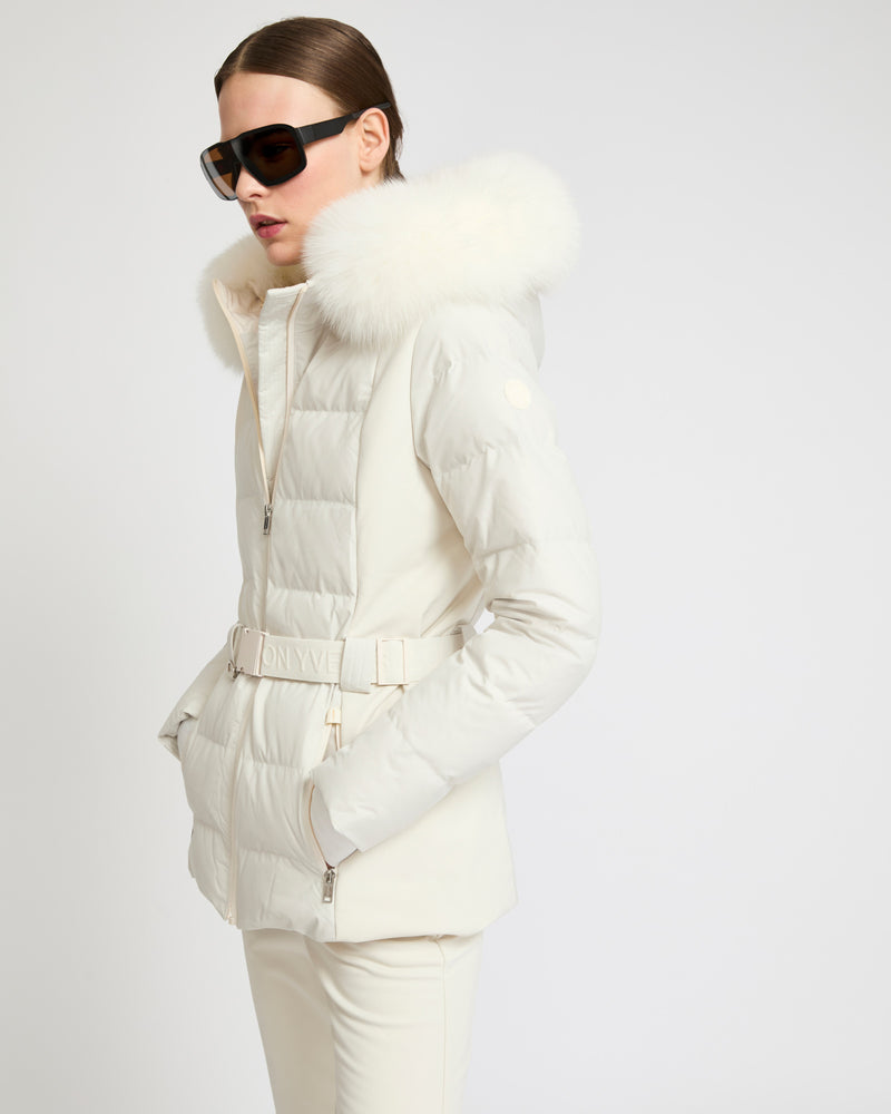 Mixed fabric belted ski jacket with fox fur trim - White - YS Mountain women