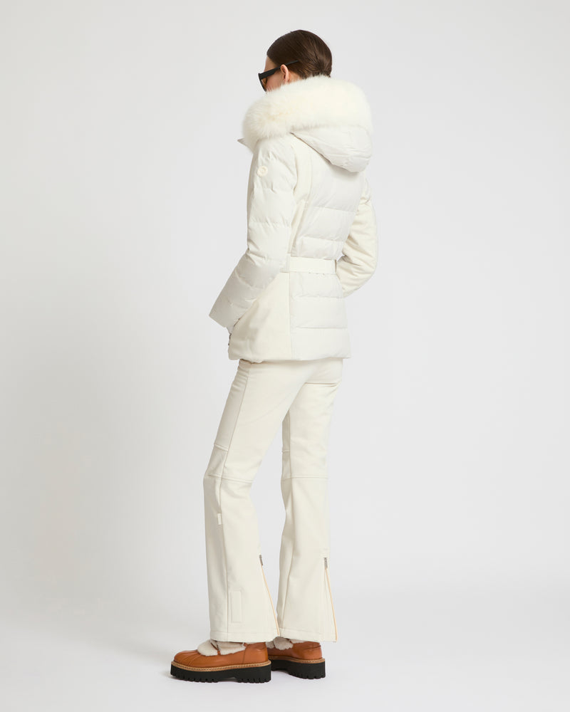 Mixed fabric belted ski jacket with fox fur trim