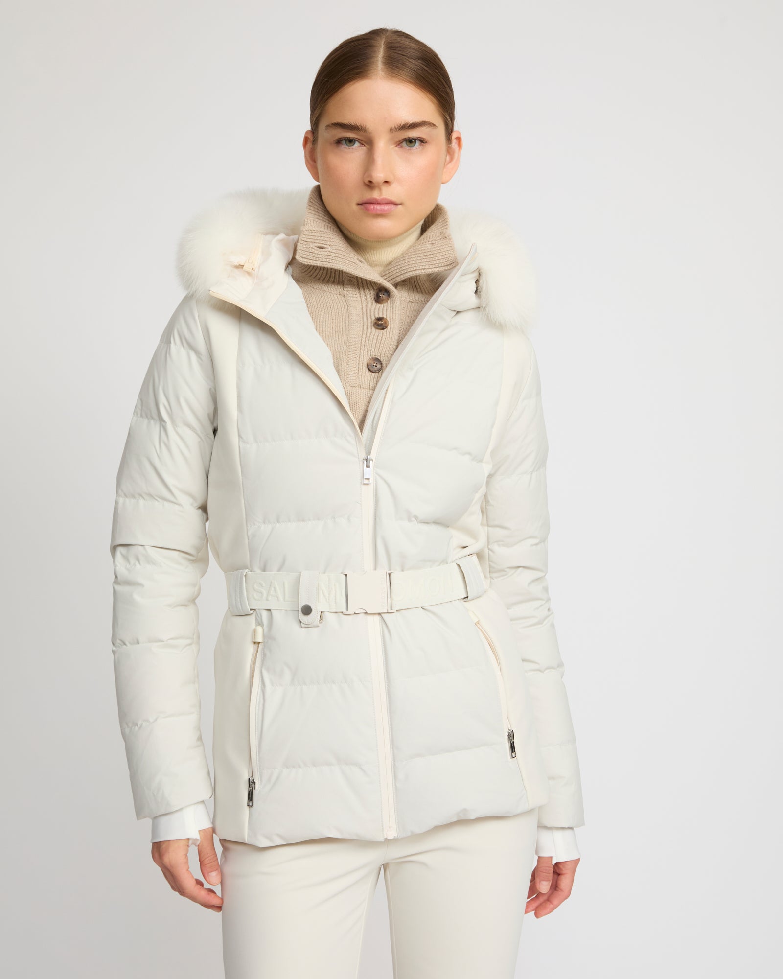 Mixed fabric belted ski jacket with fox fur trim - Yves Salomon