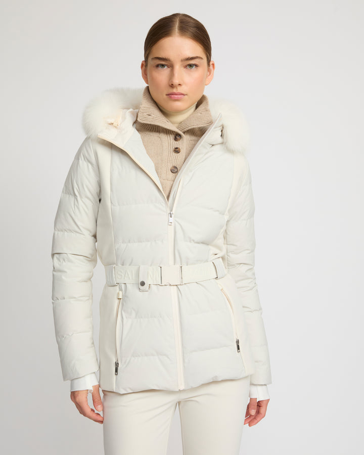 Mixed fabric belted ski jacket with fox fur trim - Yves Salomon