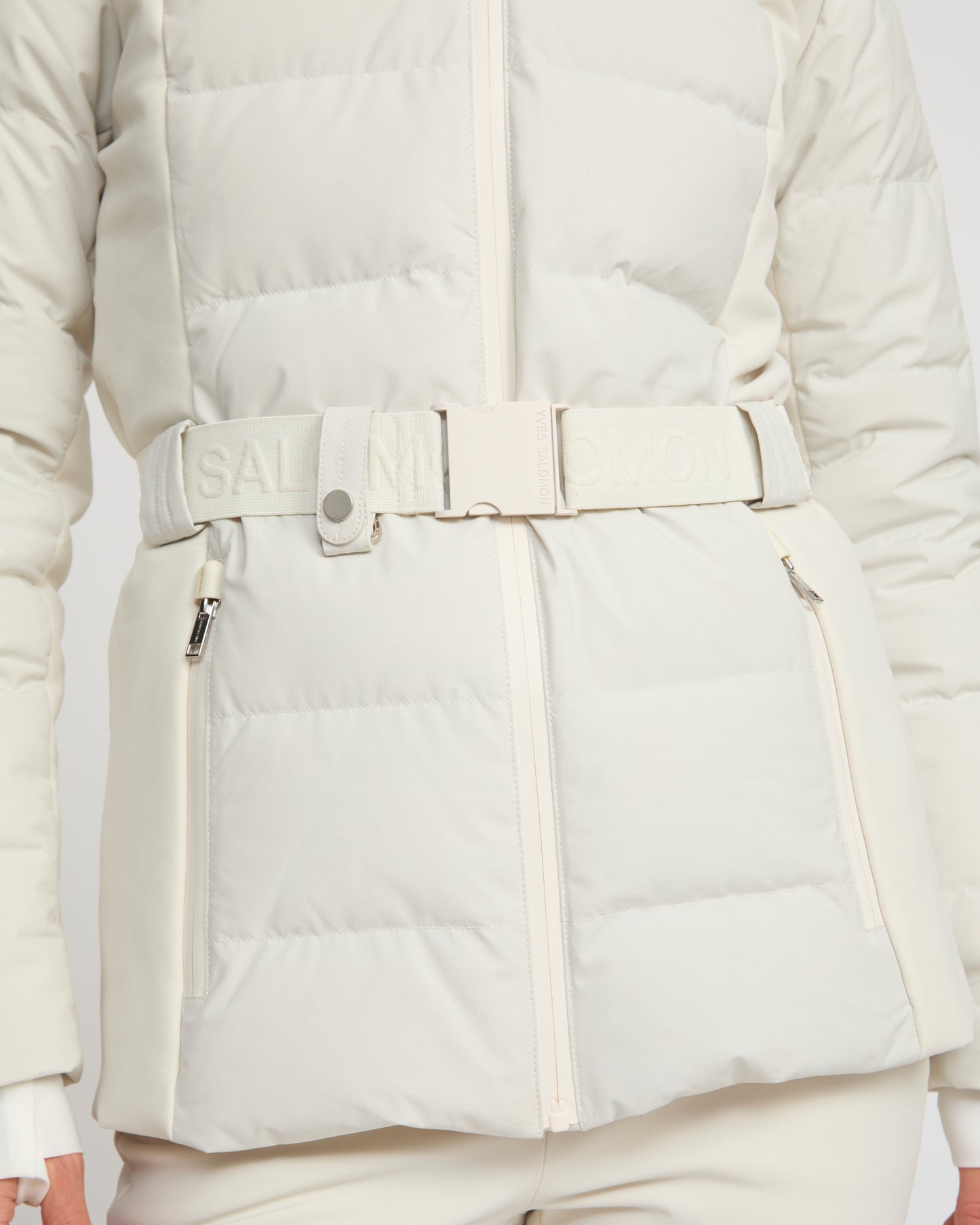 Mixed fabric belted ski jacket with fox fur trim - Yves Salomon