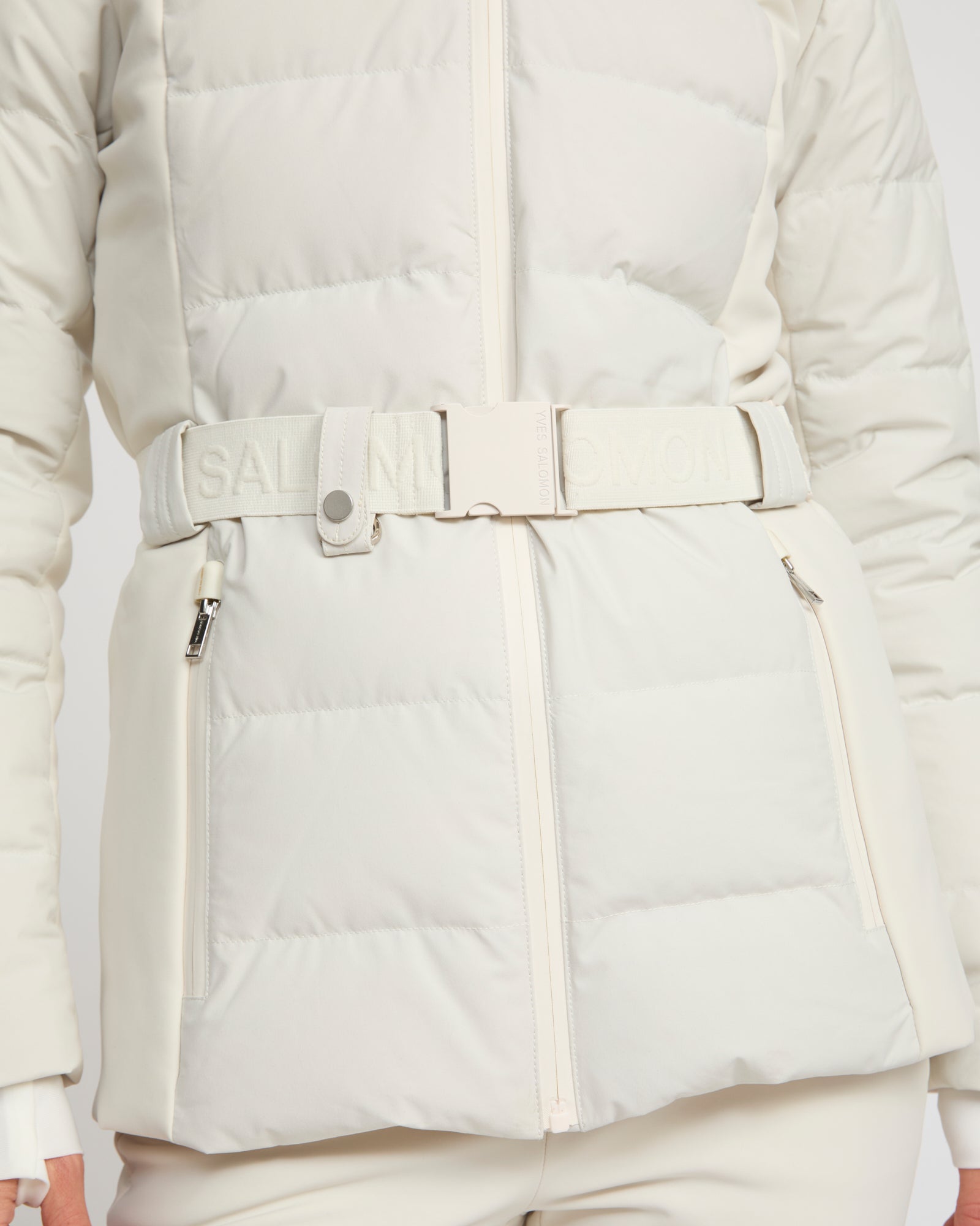Mixed fabric belted ski jacket with fox fur trim - Yves Salomon