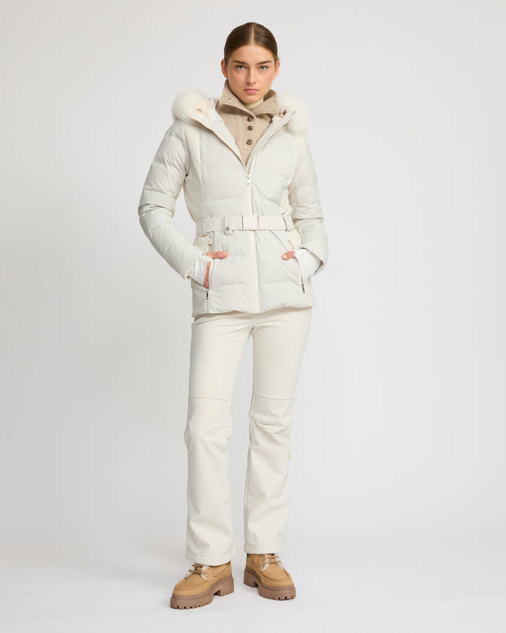 Mixed fabric belted ski jacket with fox fur trim - Yves Salomon