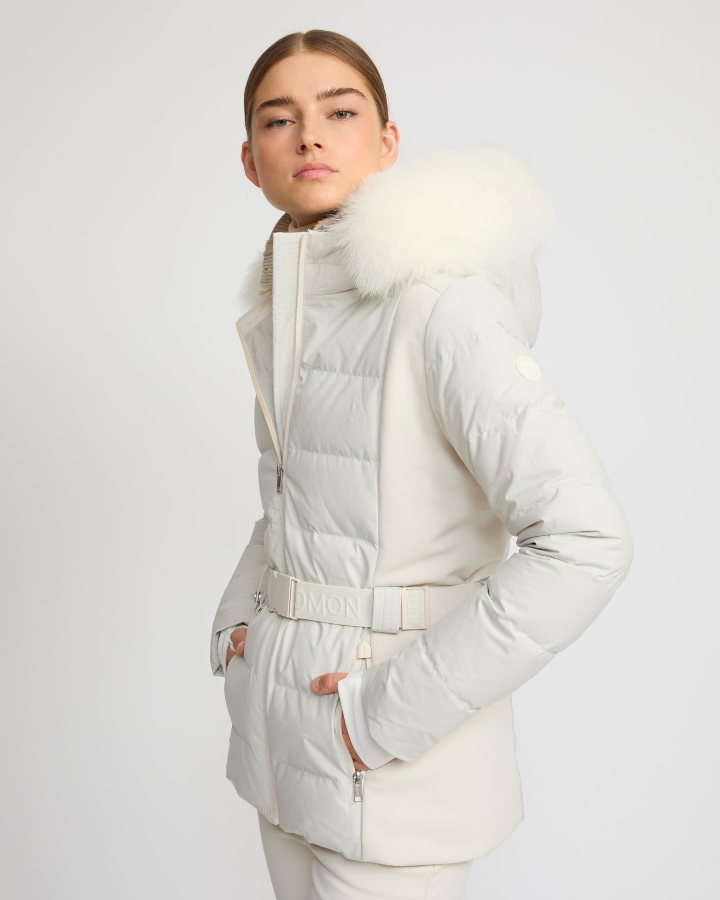 Mixed fabric belted ski jacket with fox fur trim - Yves Salomon
