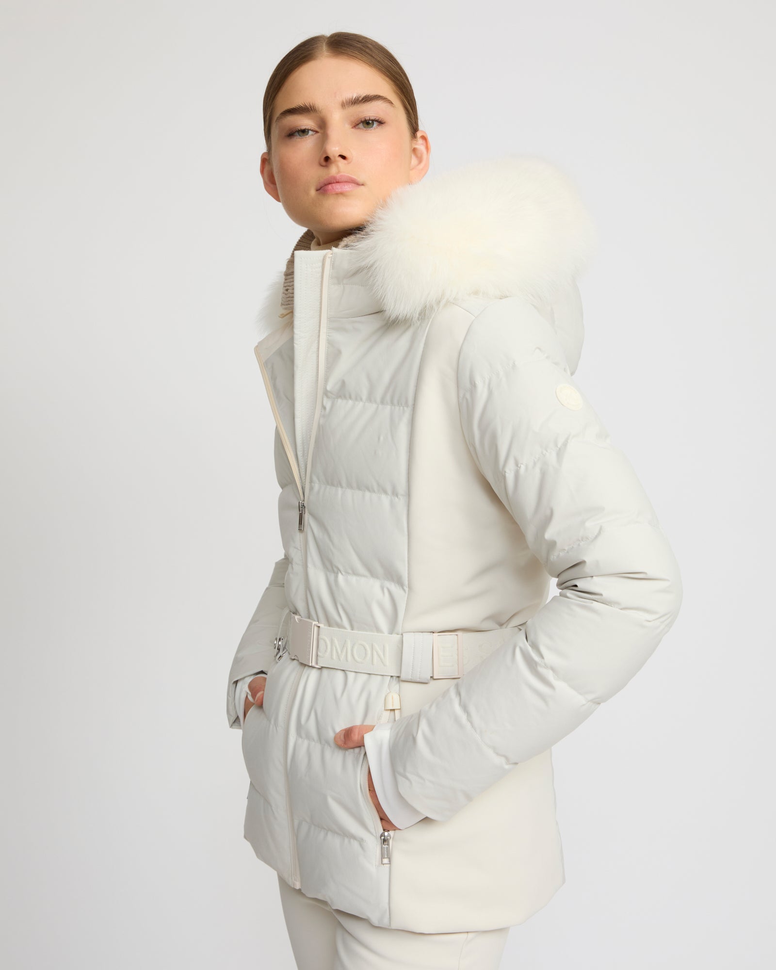 Mixed fabric belted ski jacket with fox fur trim - Yves Salomon