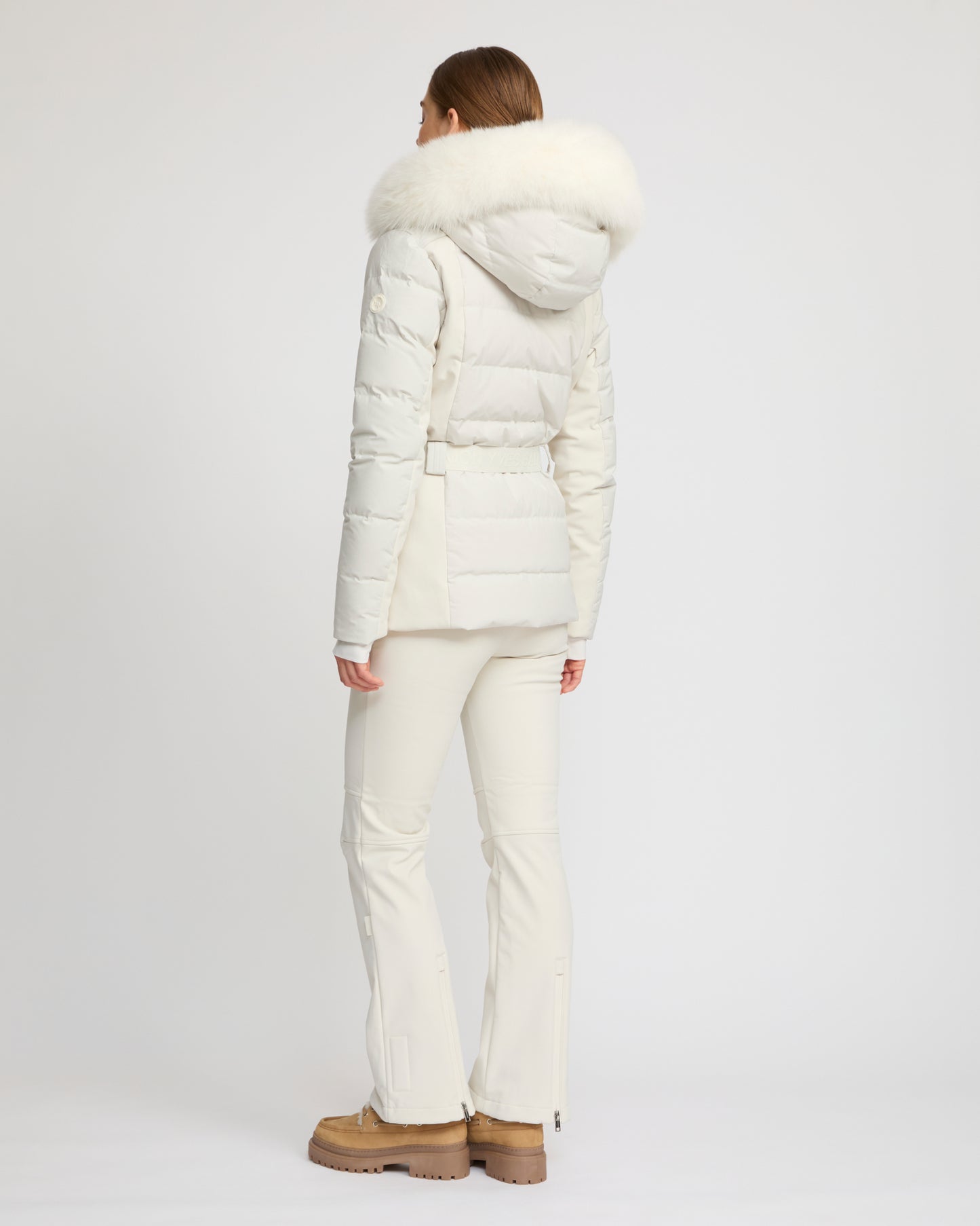 Mixed fabric belted ski jacket with fox fur trim - Yves Salomon