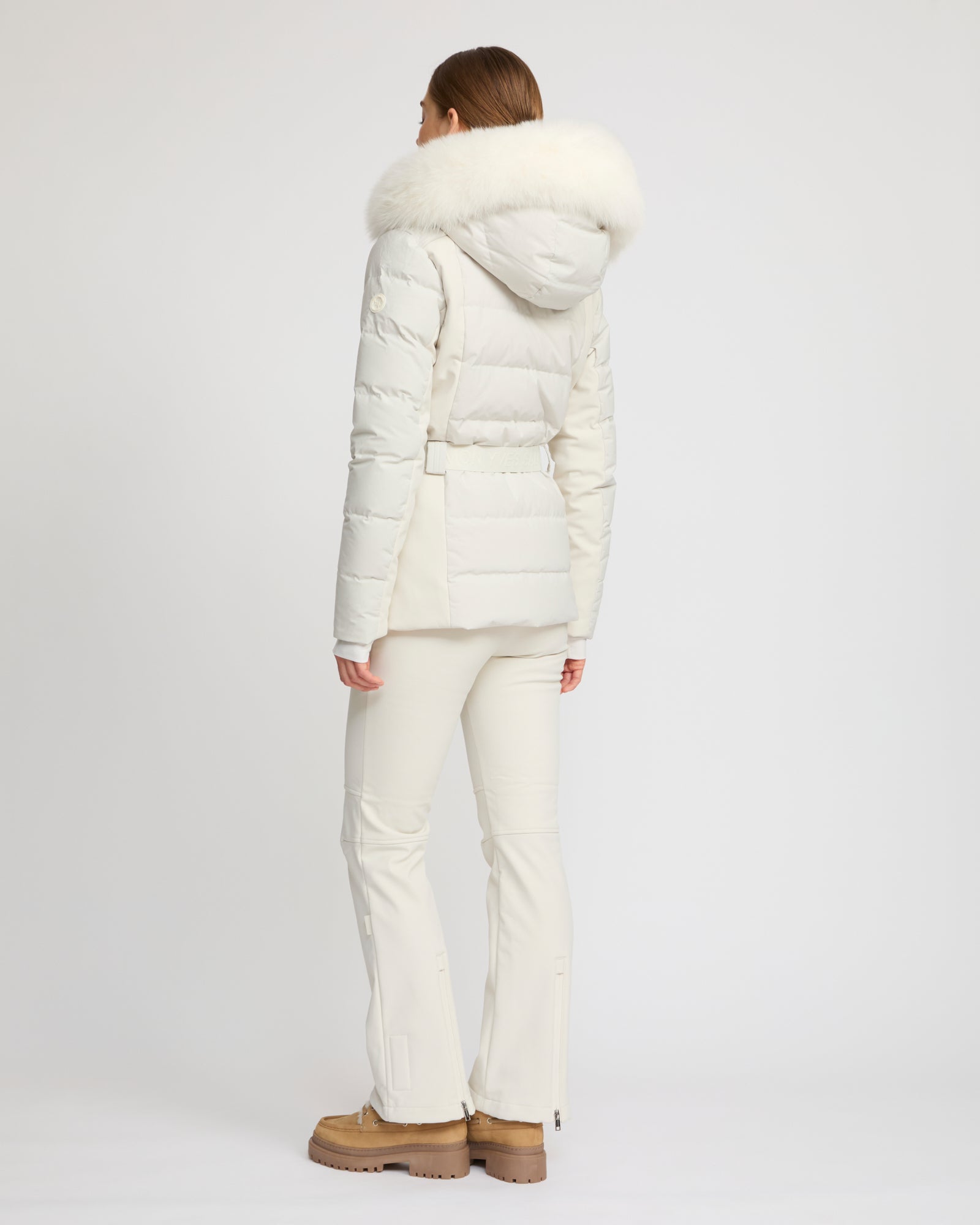 Mixed fabric belted ski jacket with fox fur trim - Yves Salomon