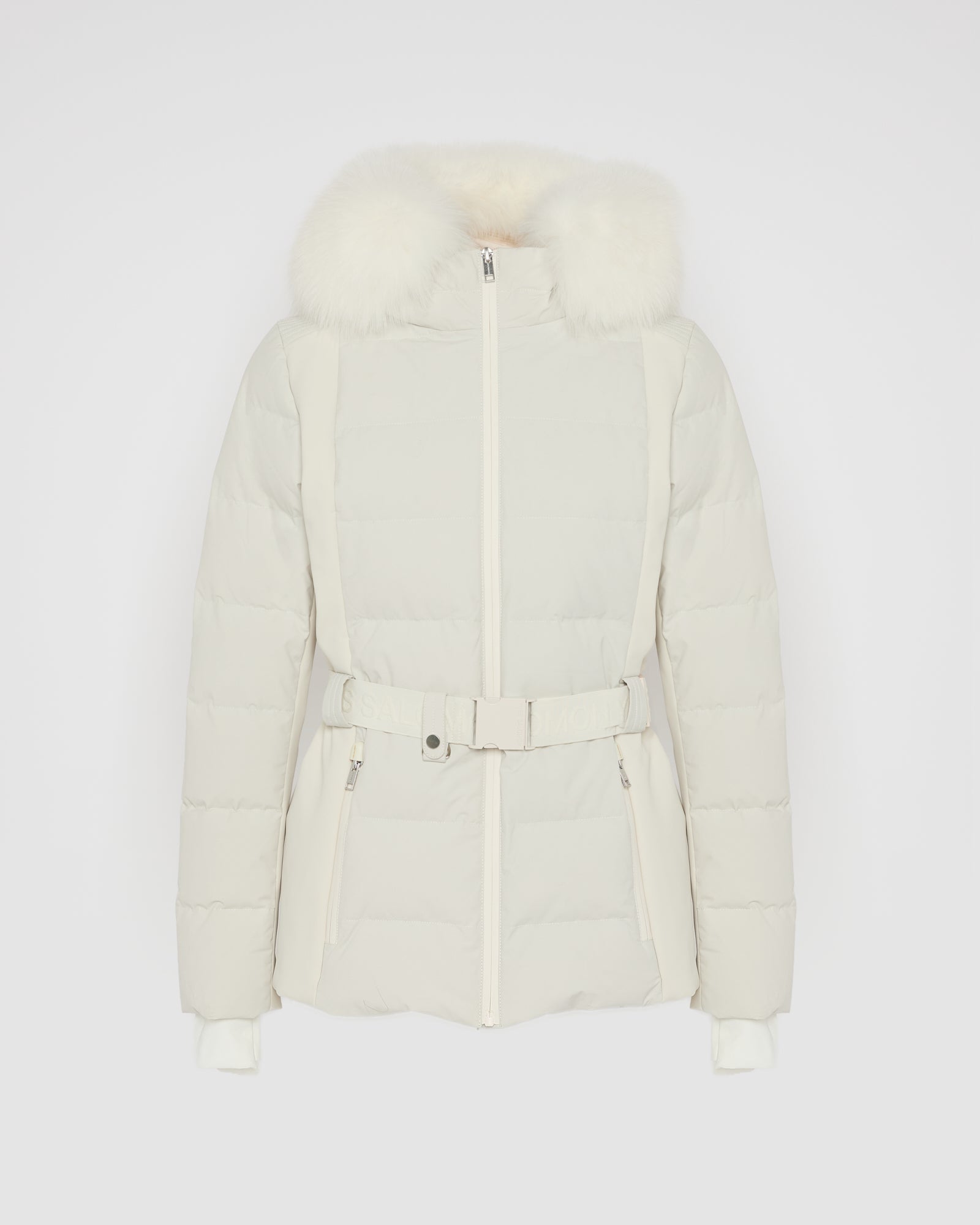 Mixed fabric belted ski jacket with fox fur trim - Yves Salomon