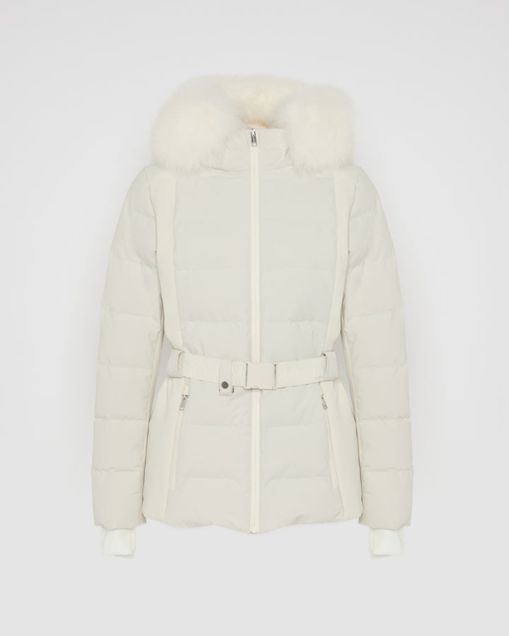 Mixed fabric belted ski jacket with fox fur trim