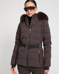 Mixed fabric belted ski jacket with fox fur trim