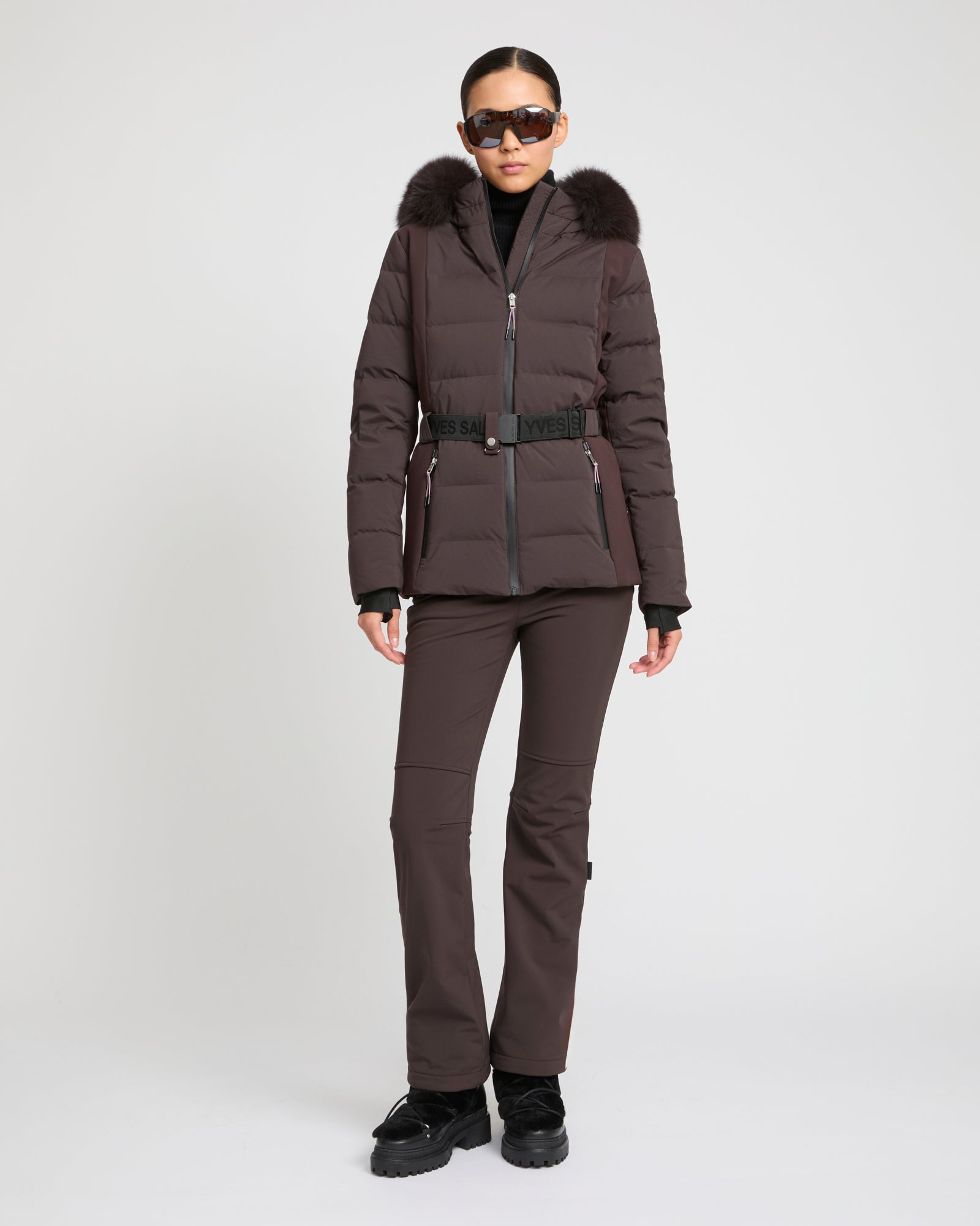 Mixed fabric belted ski jacket with fox fur trim -Yves Salomon
