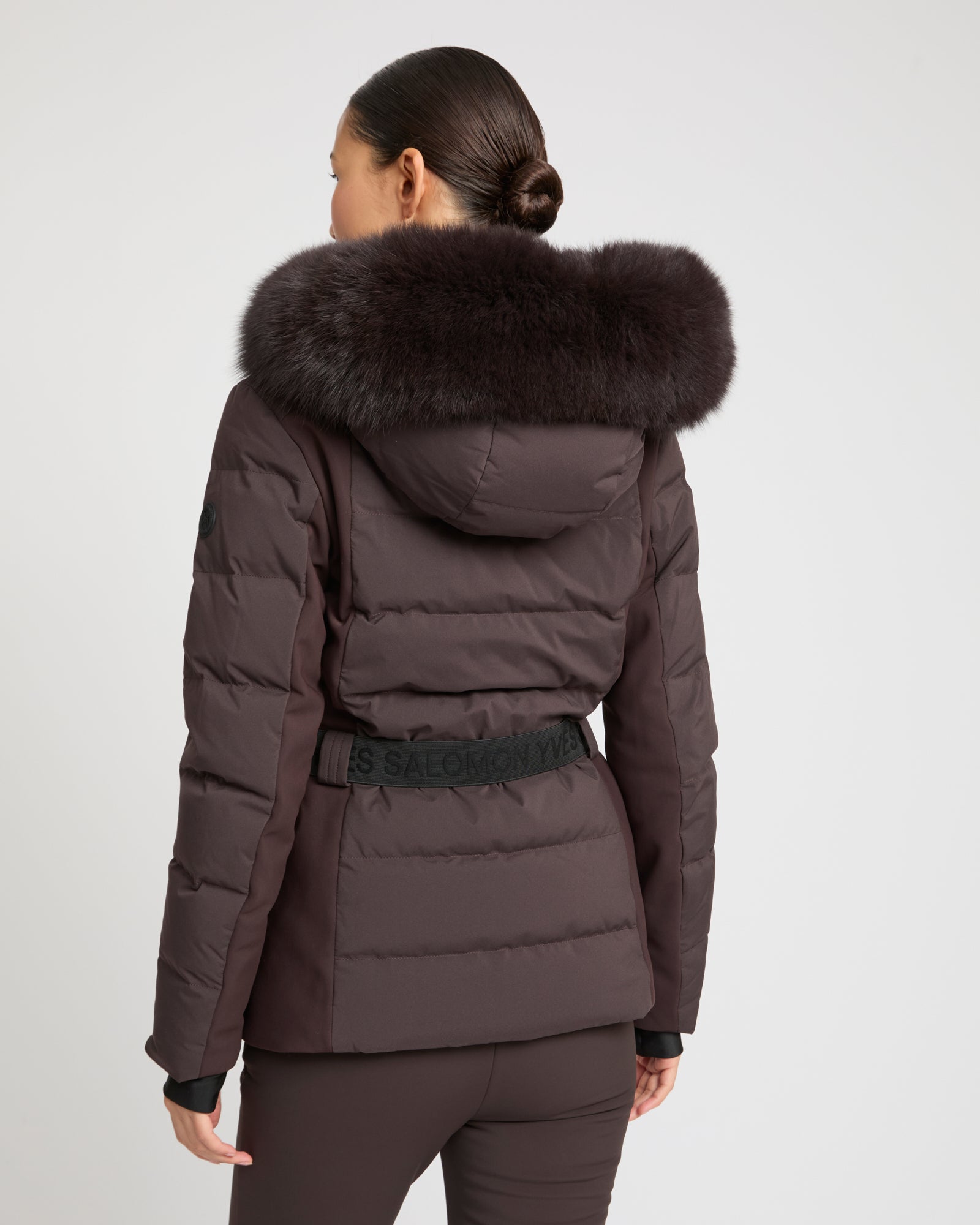 Mixed fabric belted ski jacket with fox fur trim -Yves Salomon