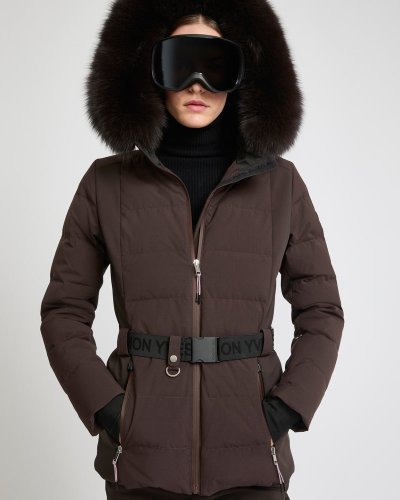 Mixed fabric belted skiwear jacket with fox fur trim - brown - Yves Salomon