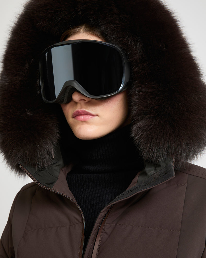 Mixed fabric belted skiwear jacket with fox fur trim - brown - Yves Salomon