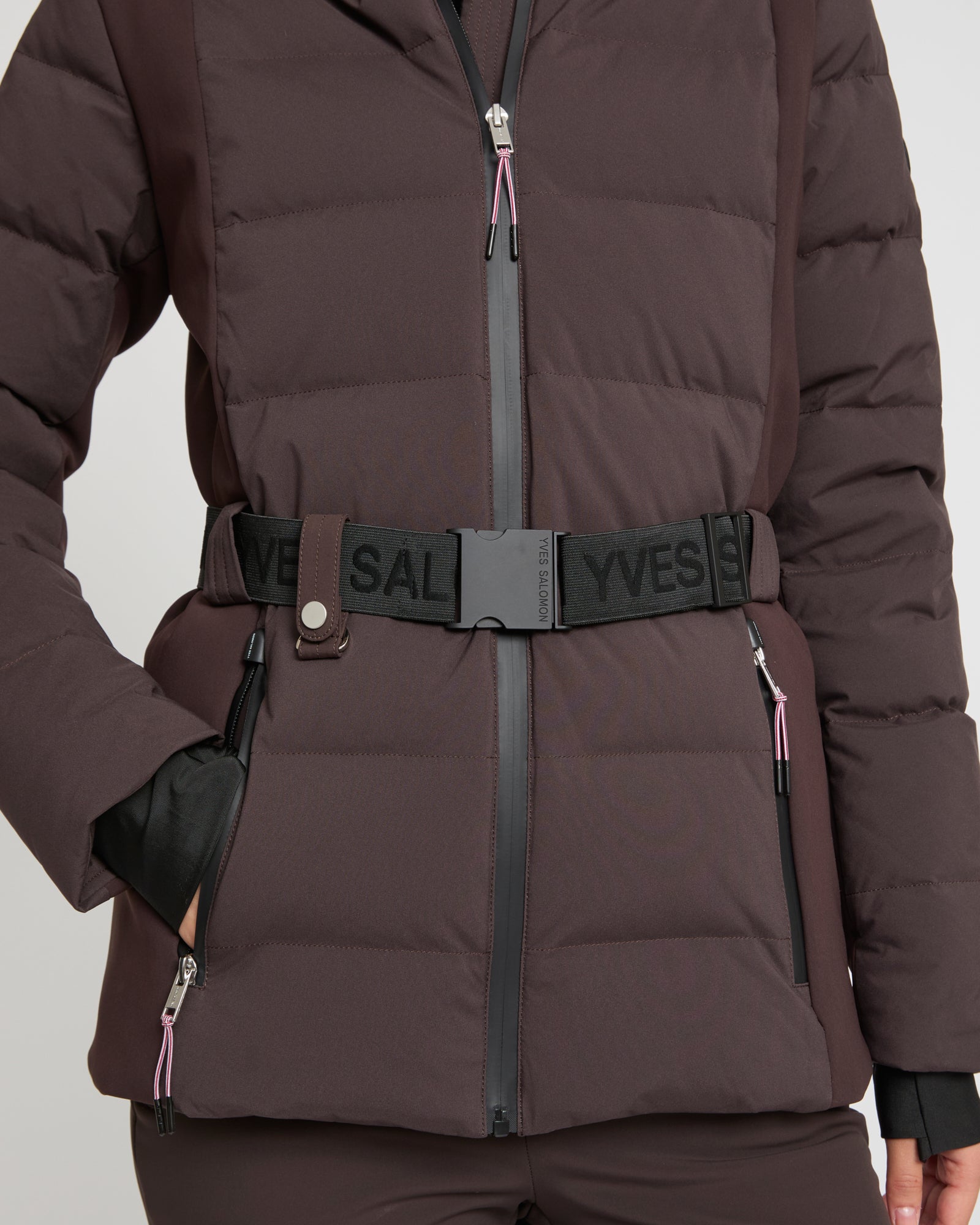 Mixed fabric belted ski jacket with fox fur trim -Yves Salomon