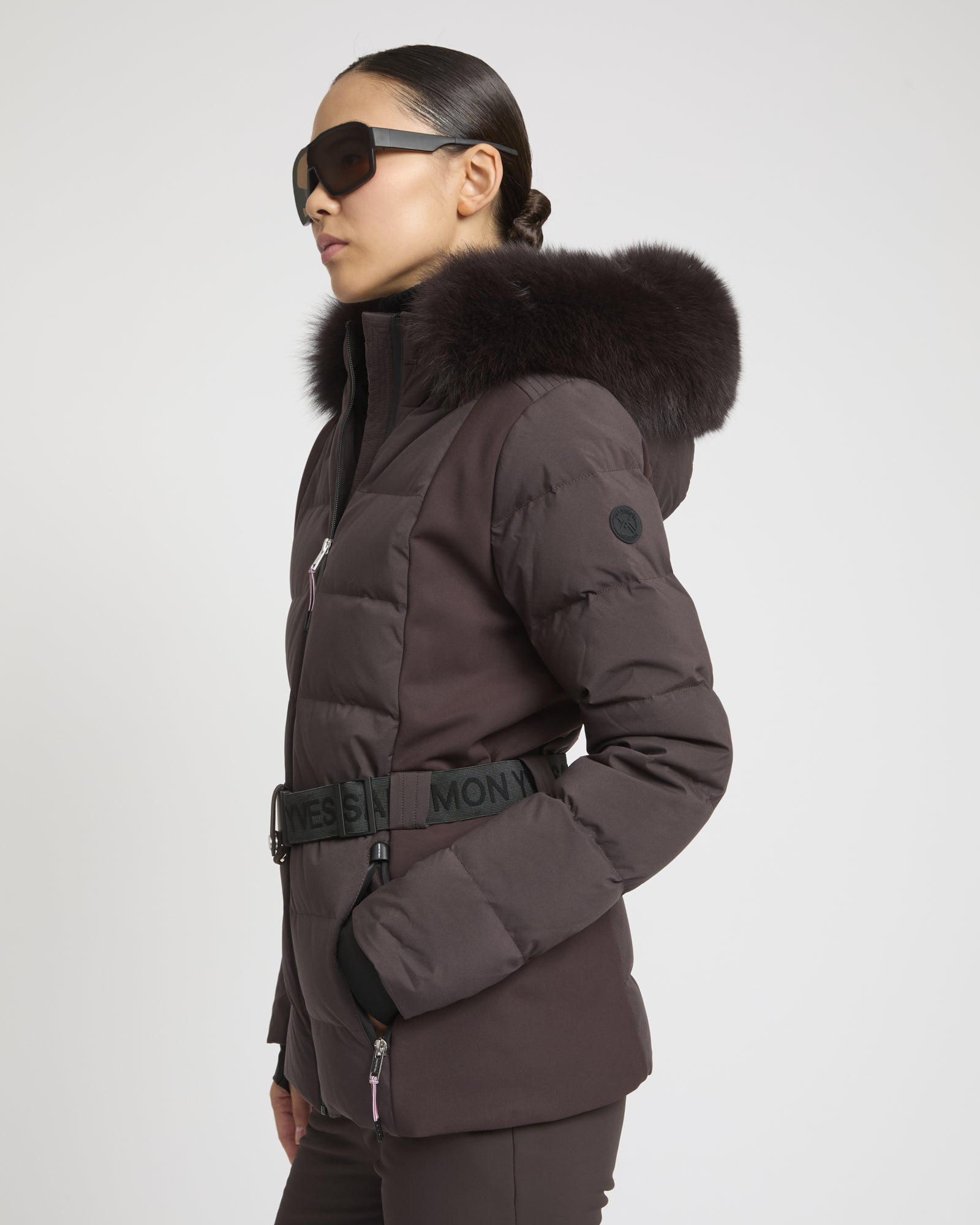 Mixed fabric belted ski jacket with fox fur trim -Yves Salomon