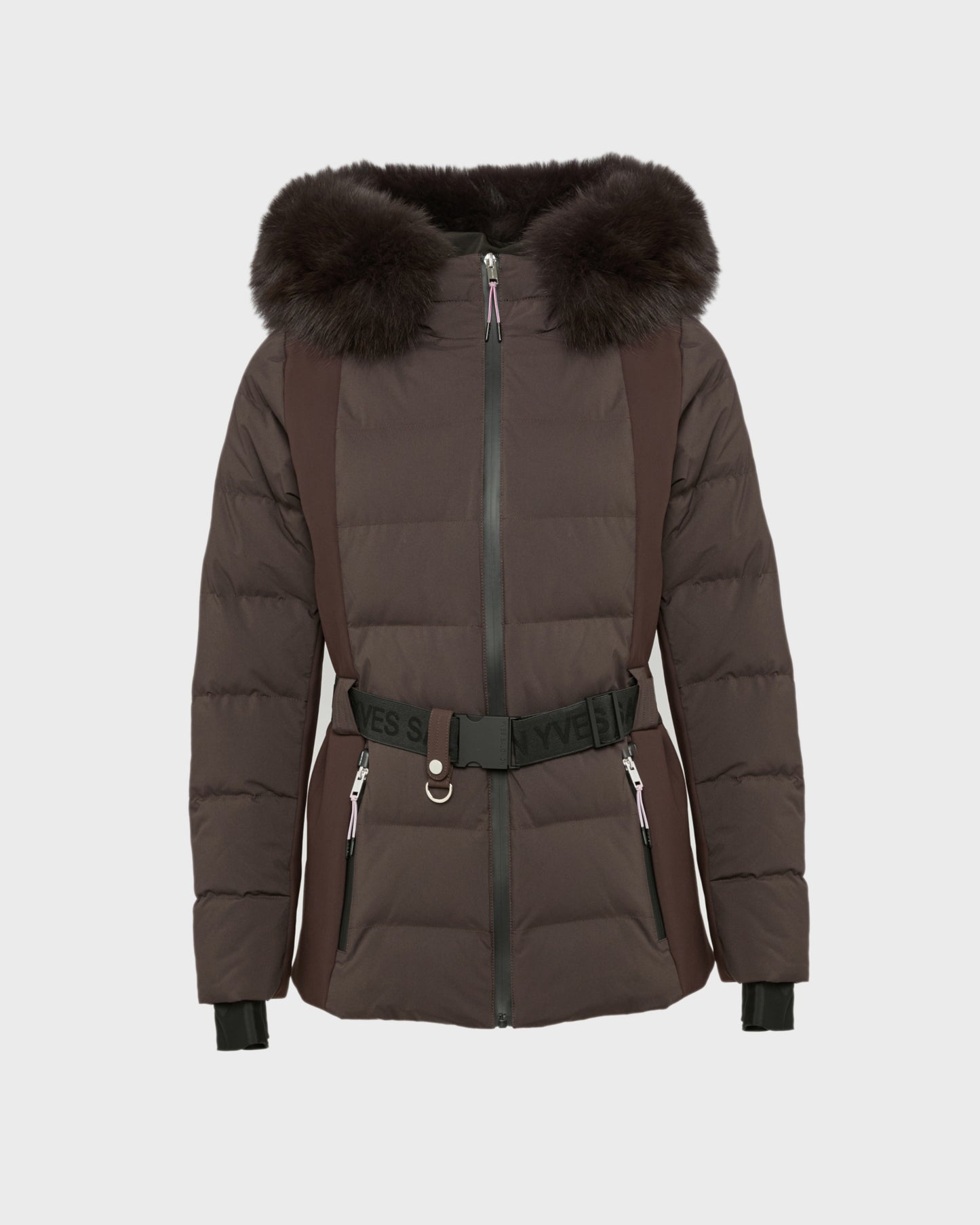 Mixed fabric belted ski jacket with fox fur trim -Yves Salomon