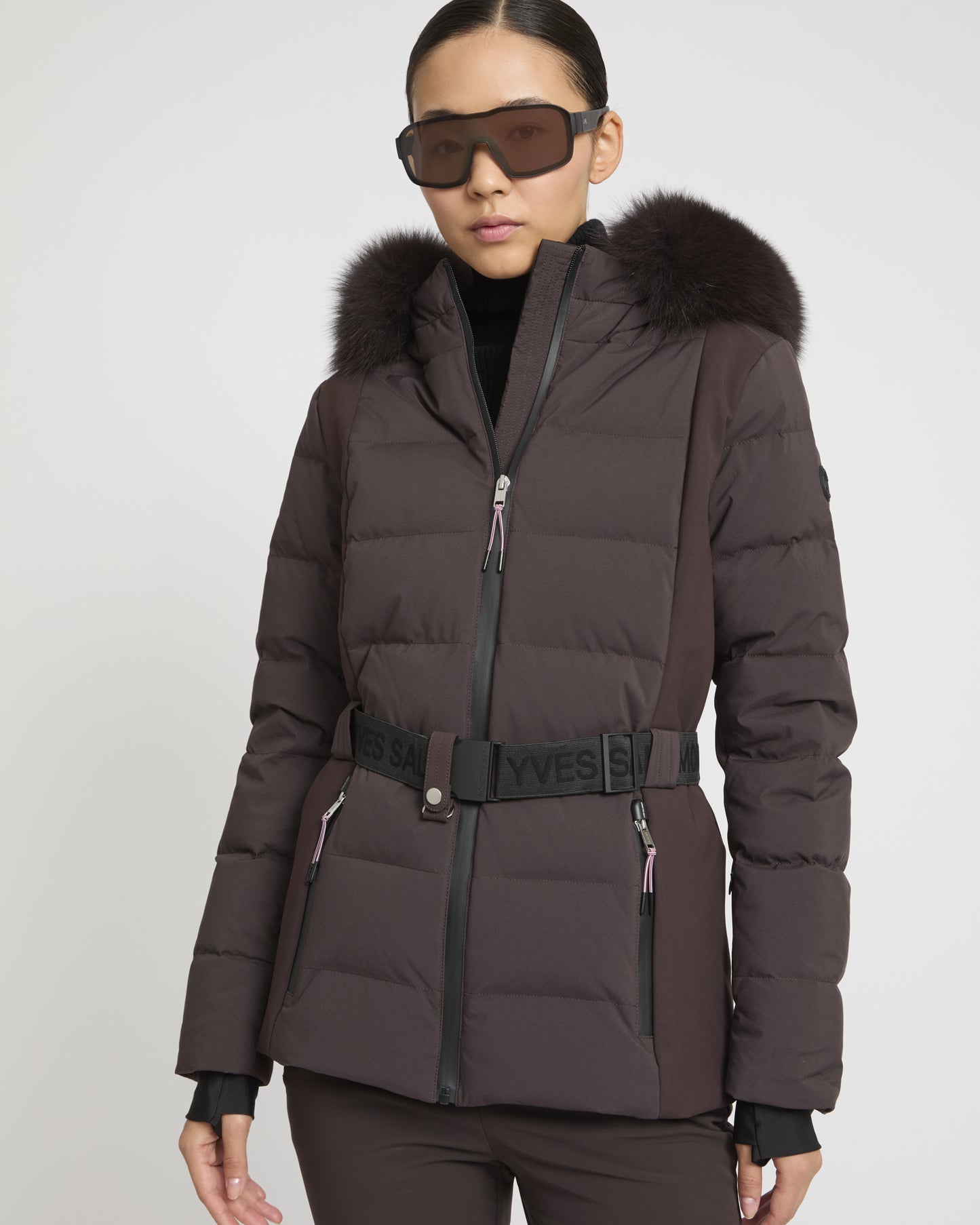 Mixed fabric belted ski jacket with fox fur trim -Yves Salomon
