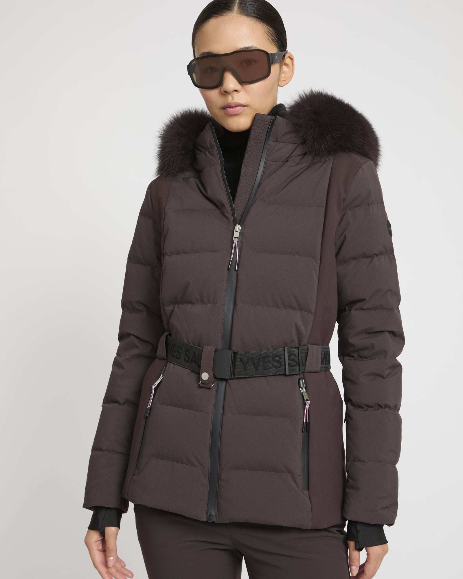 Mixed fabric belted ski jacket with fox fur trim -Yves Salomon