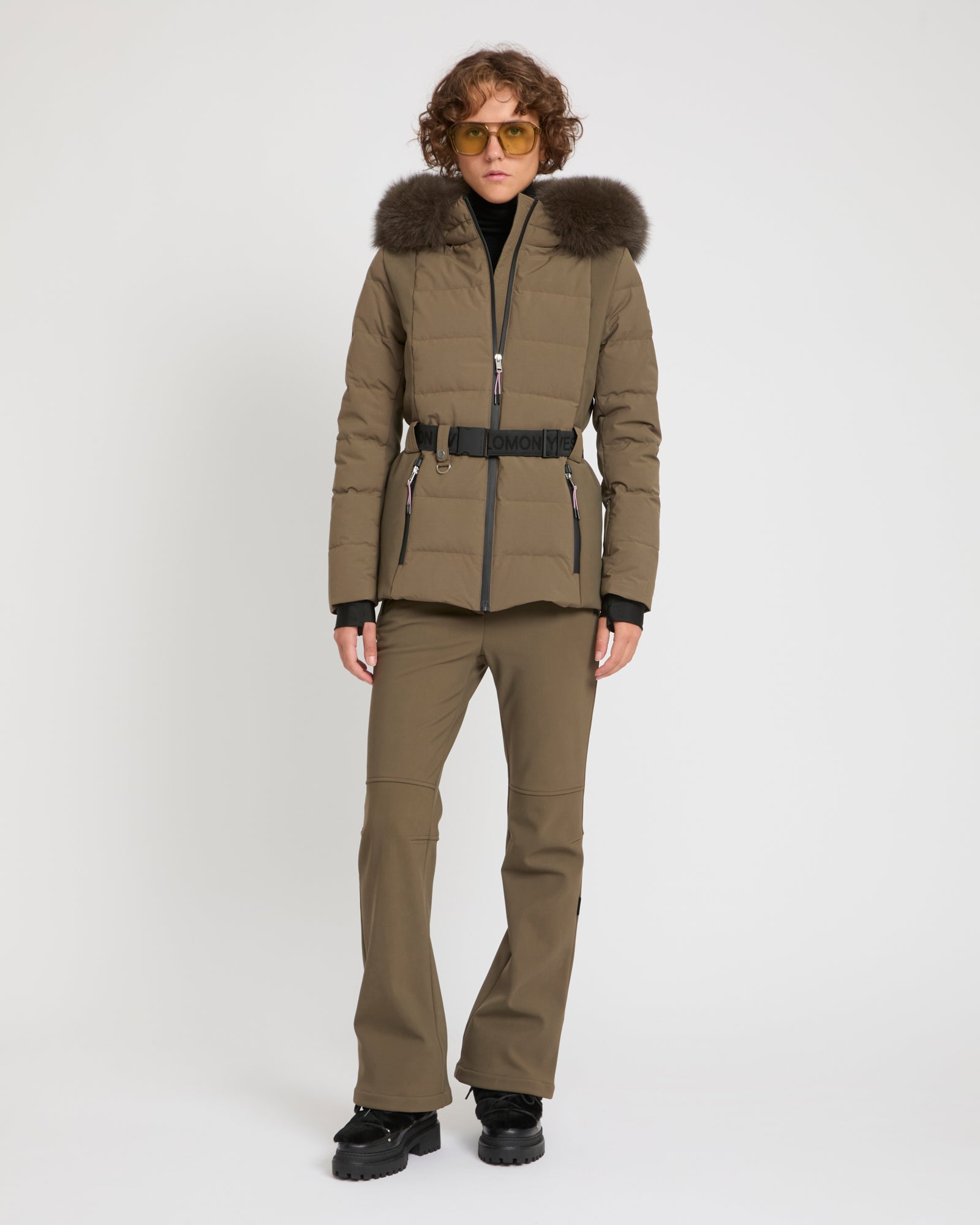 Mixed fabric belted ski jacket with fox fur trim -Yves Salomon