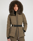Mixed fabric belted ski jacket with fox fur trim