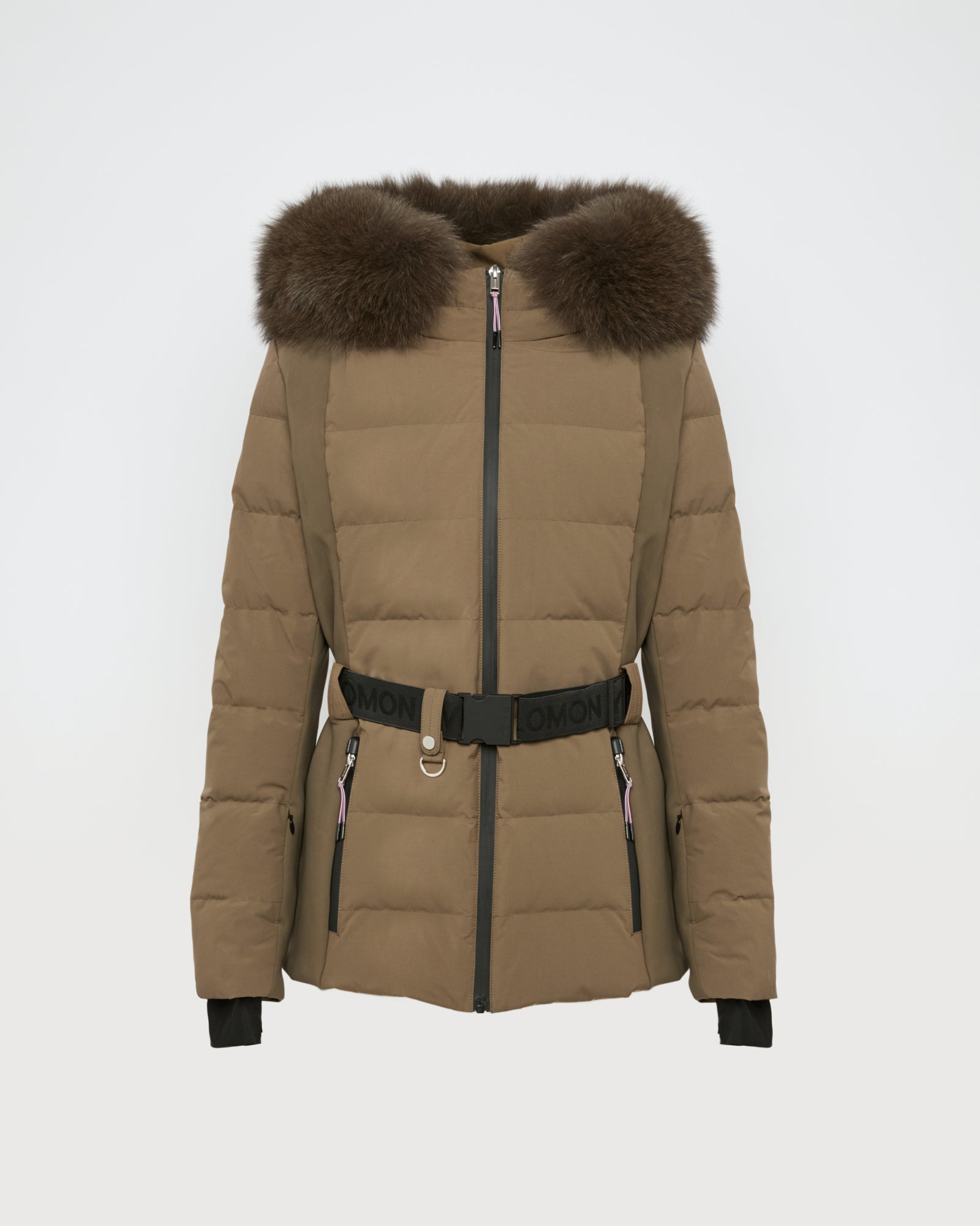 Mixed fabric belted ski jacket with fox fur trim -Yves Salomon