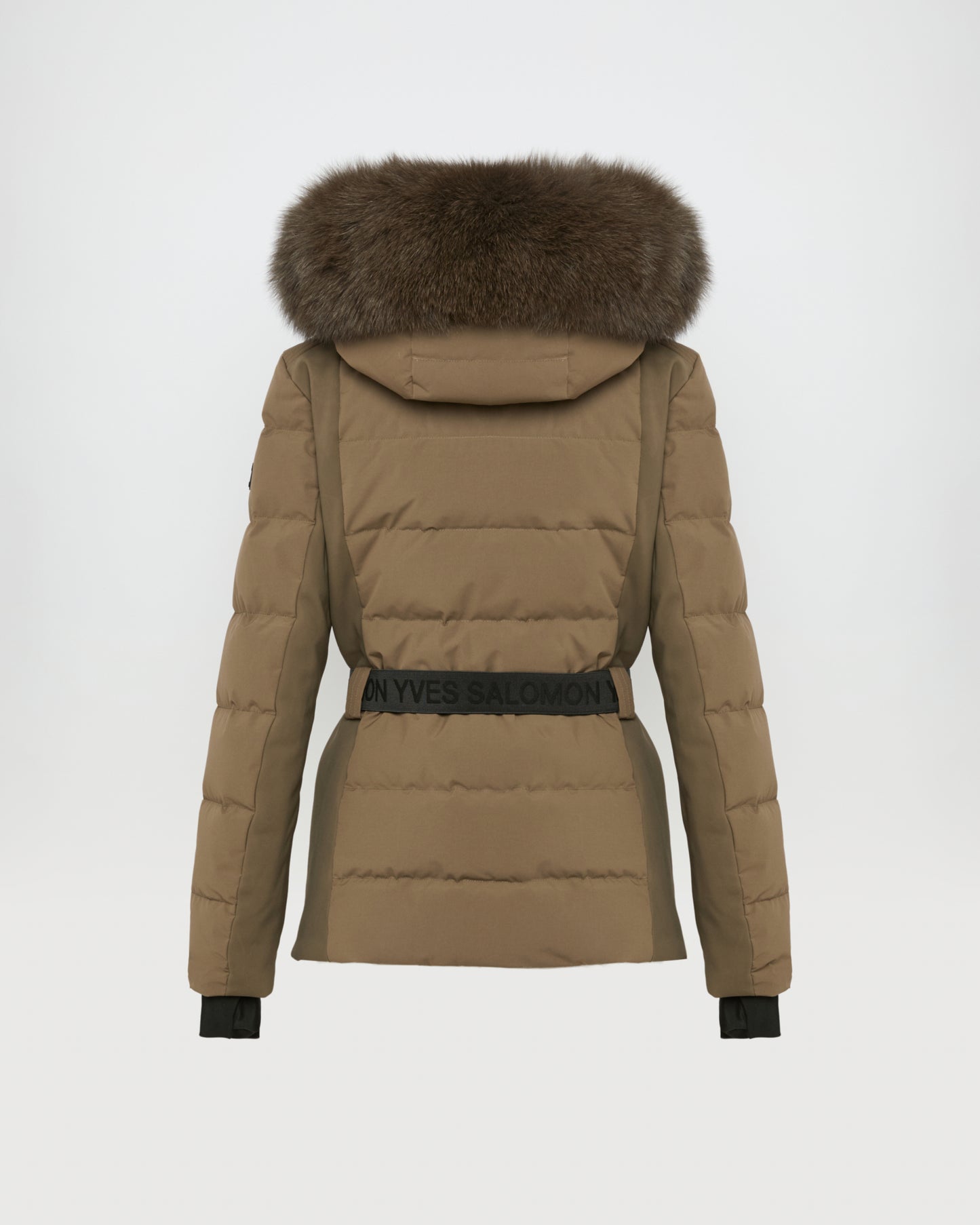 Mixed fabric belted ski jacket with fox fur trim -Yves Salomon