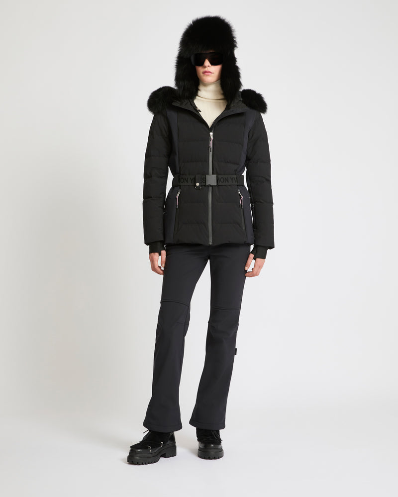 Mixed fabric belted skiwear jacket with fox fur trim - black - Yves Salomon