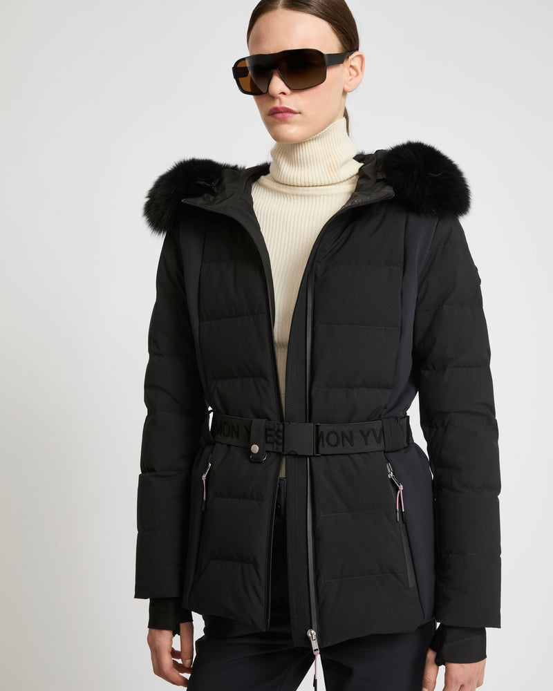 Mixed fabric belted skiwear jacket with fox fur trim - black - Yves Salomon