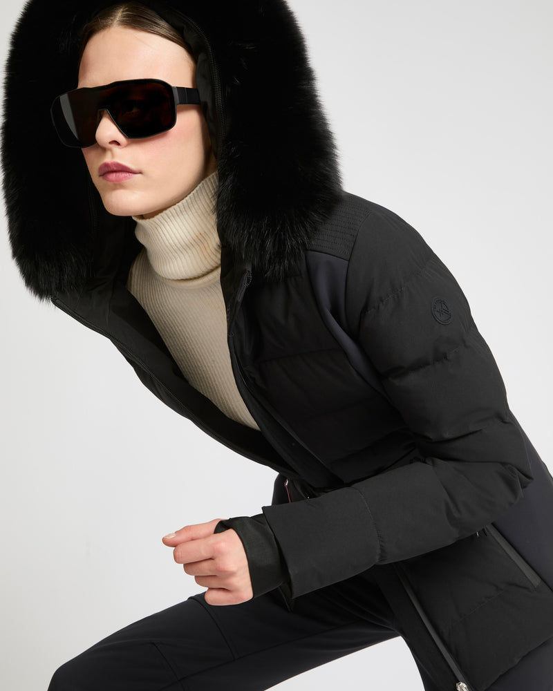 Mixed fabric belted skiwear jacket with fox fur trim - black - Yves Salomon